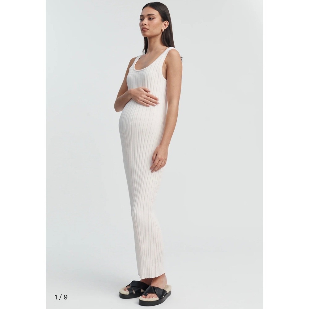 White Ribbed Knit Maternity Maxi Dress Sleeveless Scoop Neck Bodycon Tank Dress - Picture 8 of 12